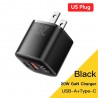 20W GaN USB Type C Charger PD Fast Charge Phone QC 3.0 Chargers For iPhone 14 13 12 11 Pro Max Mini iPad Charging US Plug Black
