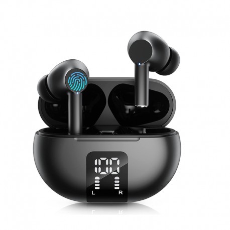 Wireless Earphone Bluetooth 5.3 Headphone 60H Playback LED Power Display Ear Buds Mic Noise Cancellation StereoEarphones Black