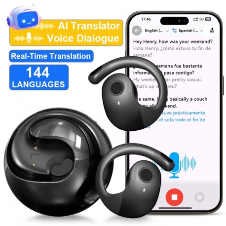 GreatWall AI Real-Time Translation Wireless Bluetooth Earphones Supporting Over 100 Voice Languages Translation Headphones Black