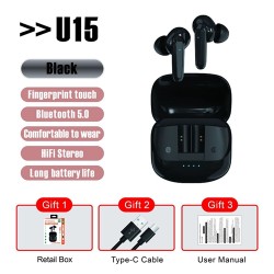 U15 TWS Bluetooth V5.1 in-Ear Stereo Earphones Earbuds - Black, 30mAh, 300mAh