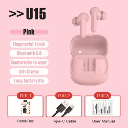 U15 TWS Bluetooth V5.1 in-Ear Stereo Earphones Earbuds - Pink, 30mAh, 300mAh