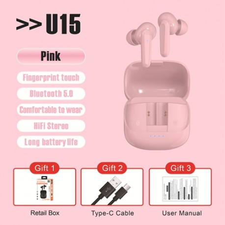 U15 TWS Bluetooth V5.1 in-Ear Stereo Earphones Earbuds - Pink, 30mAh, 300mAh